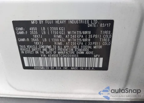 2017 Subaru Outback 3.6R Touring z USA, uszkodzony, nr VIN 4S4BSETC3H3359855